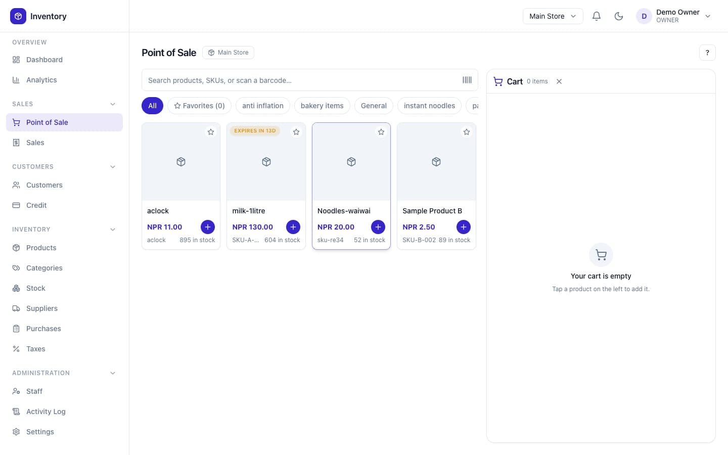 Point of sale with product search, categories and cart